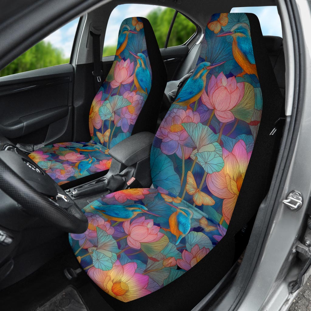 Kingfisher Car Seat Cover installed on a driver's seat, highlighting the beautiful nature pattern inside the car.