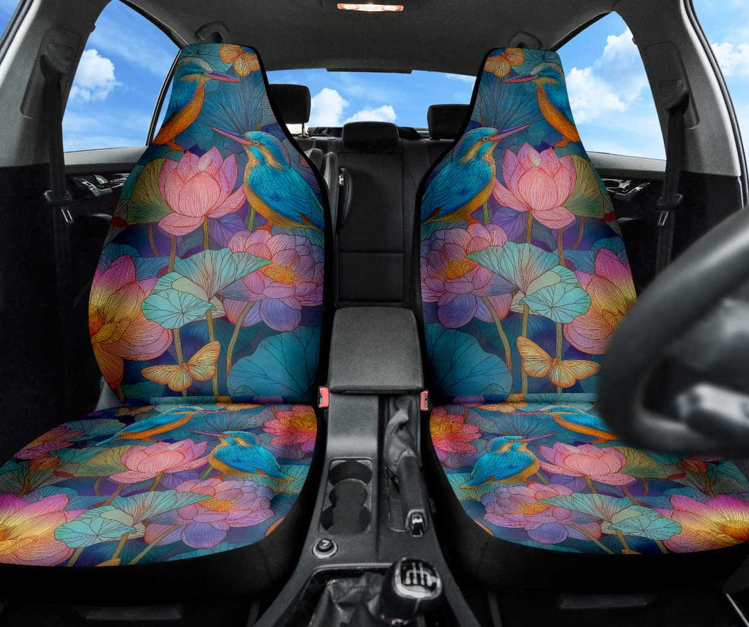 Kingfisher Car Seat Covers installed on front seats, showing the stunning colorful bird design.