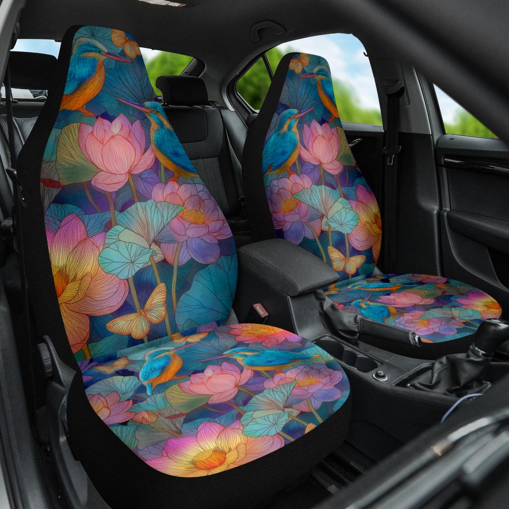 Kingfisher Car Seat Cover installed on a passenger seat, showing the stunning colorful lotus and kingfisher artwork.