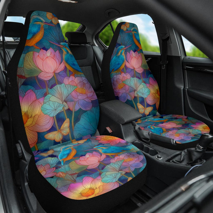 Kingfisher Car Seat Cover installed on a passenger seat, showing the stunning colorful lotus and kingfisher artwork.