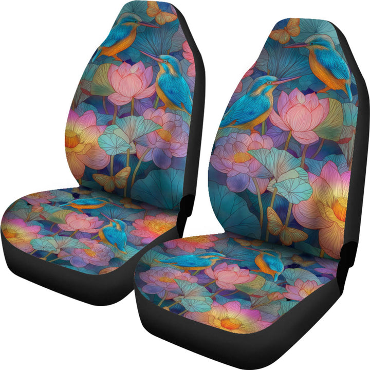 Front view of a pair of Kingfisher Car Seat Covers featuring a vibrant kingfisher and lotus pattern.