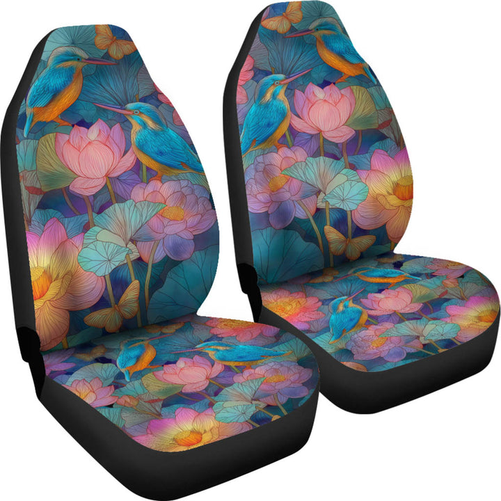 Angled view of a pair of Kingfisher Car Seat Covers showcasing the colorful bird and floral artwork.