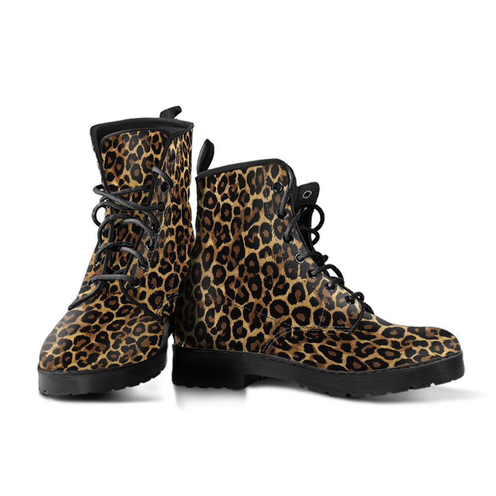 A pair of Leopard Classic Boots showcasing the timeless leopard print design with sturdy black soles.