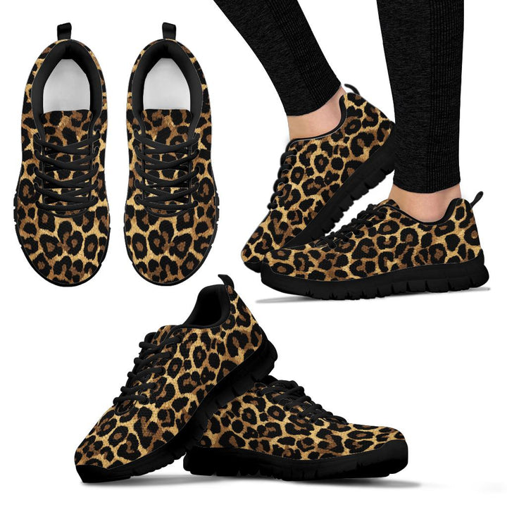 Multiple angles of Leopard Sneakers with black soles, including a lifestyle shot worn on feet.