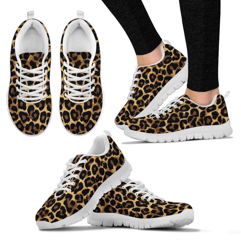 Multiple angles of Leopard Sneakers with white soles, including a lifestyle shot worn on feet.