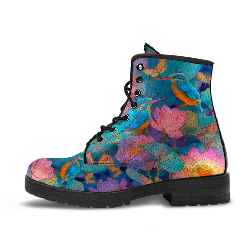Side view of a single Lotus Classic Boot featuring a vibrant kingfisher and lotus pattern with a black sole.
