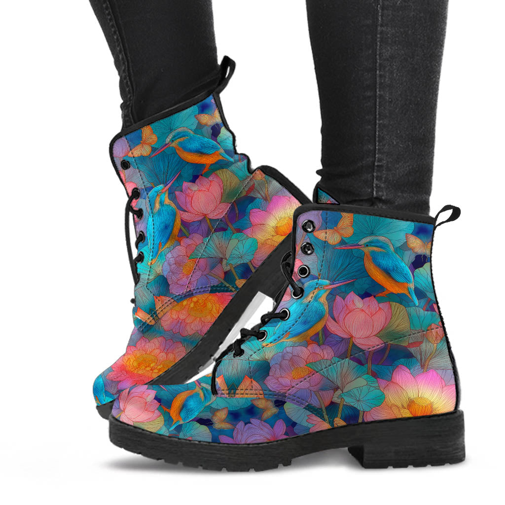 Lifestyle shot of Lotus Classic Boots worn on feet, highlighting the colorful bird and floral artwork.