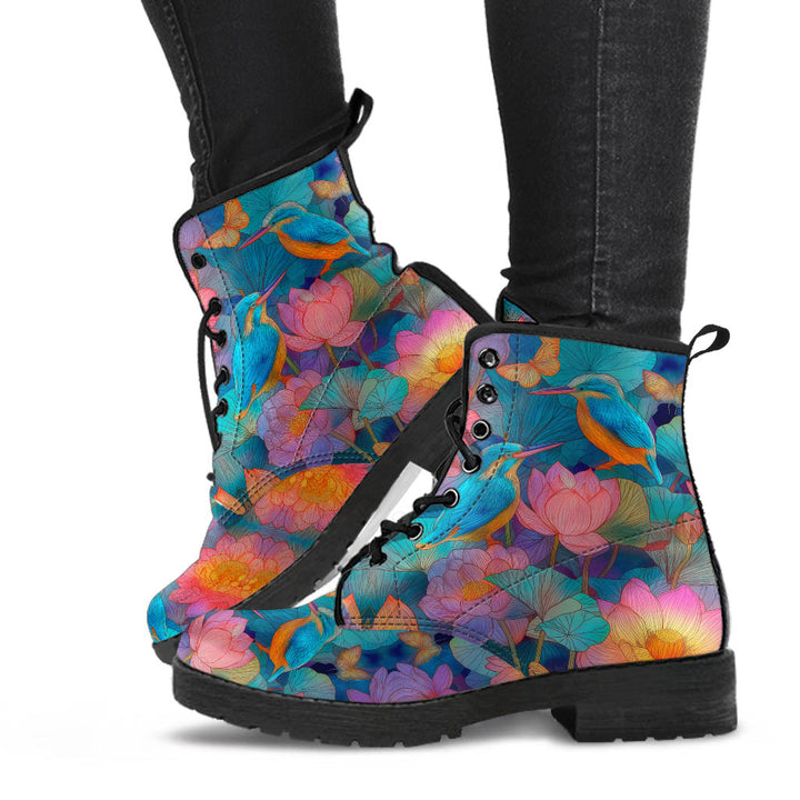 Lifestyle shot of Lotus Classic Boots worn on feet, highlighting the colorful bird and floral artwork.