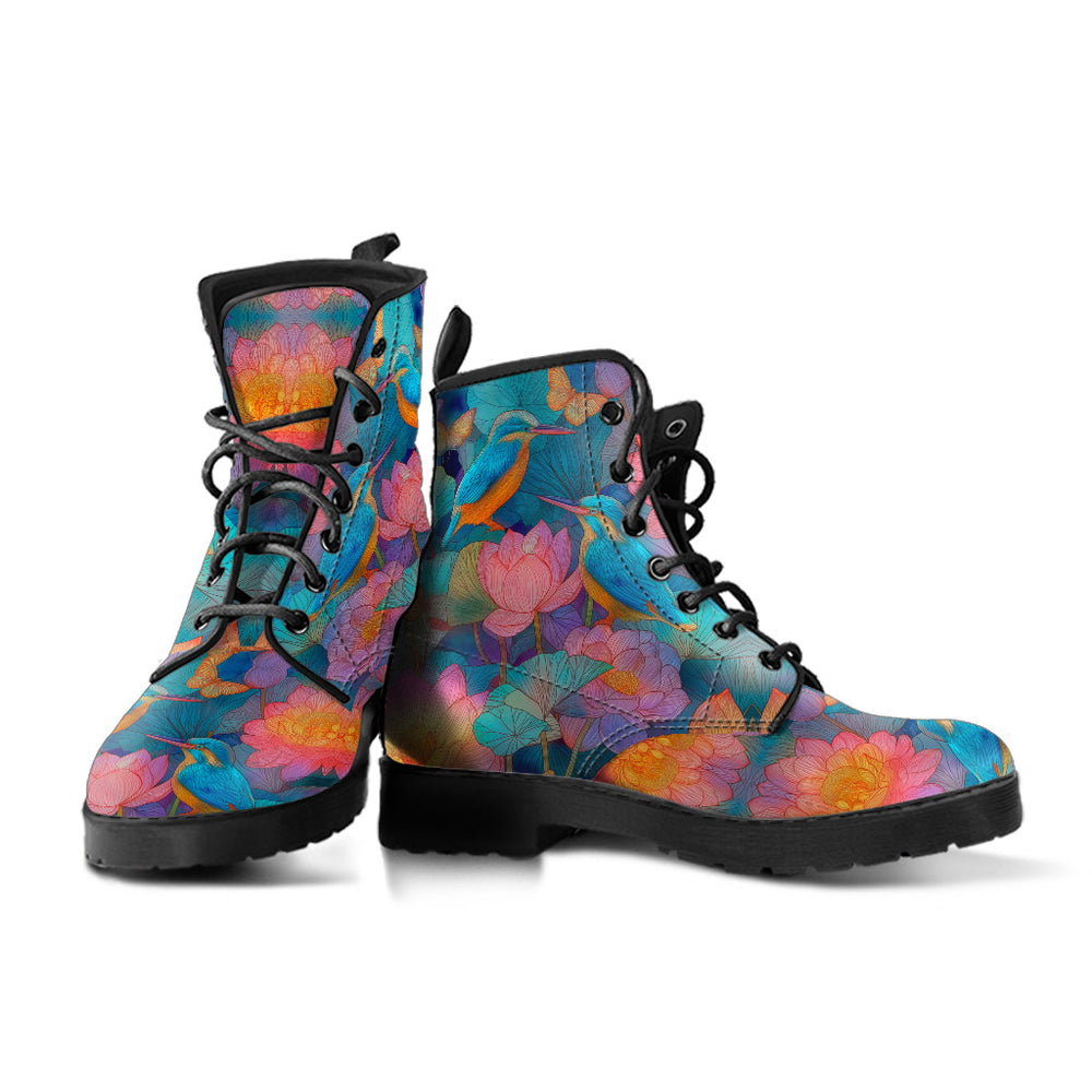 A pair of Lotus Classic Boots showcasing the beautiful kingfisher and lotus design with sturdy black soles.