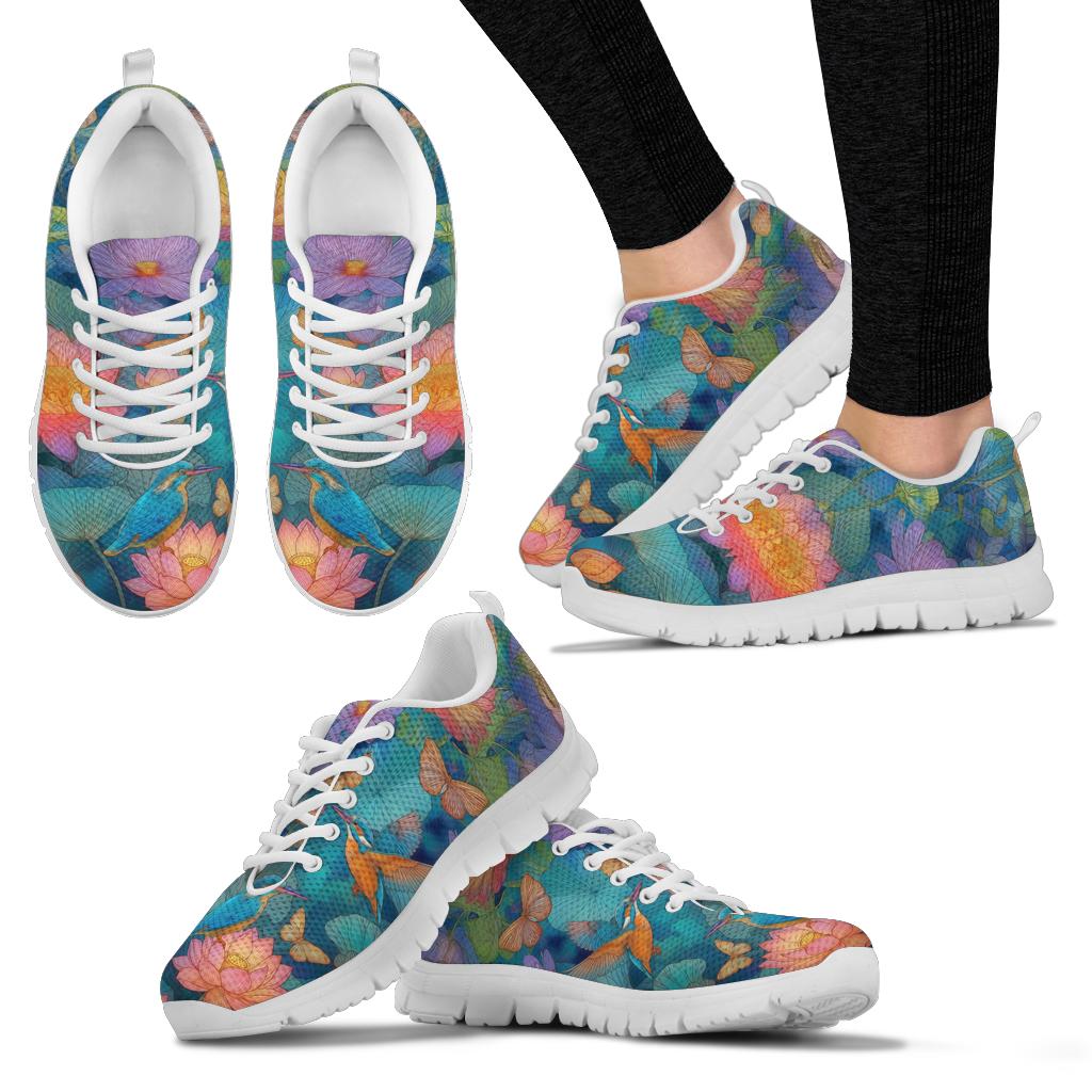 Multiple angles of Lotus Classic Sneakers with white soles, showing the vibrant floral design from different views.