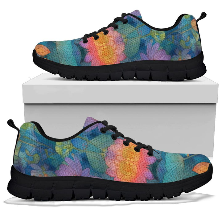 Lotus Classic Sneakers with black soles resting on a shoe box, highlighting the vibrant bird and floral artwork.