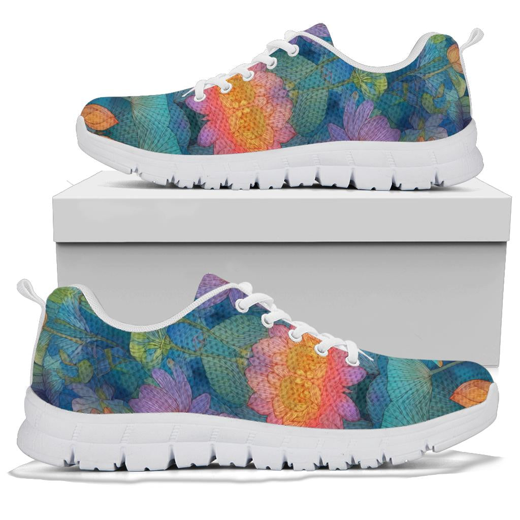 Lotus Classic Sneakers with white soles resting on a shoe box, displaying the stunning lotus and kingfisher pattern.