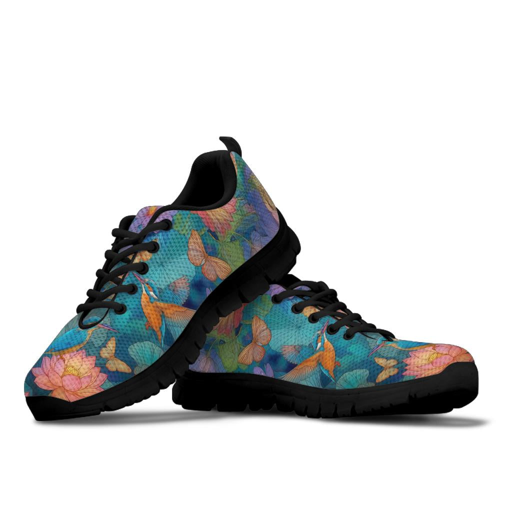 A pair of Lotus Classic Sneakers featuring a vibrant kingfisher and lotus pattern with black soles