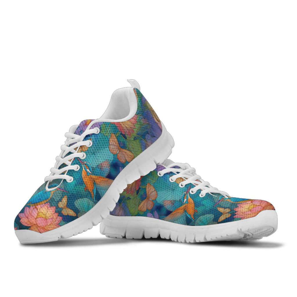 A pair of Lotus Classic Sneakers showcasing the beautiful nature design with white soles.