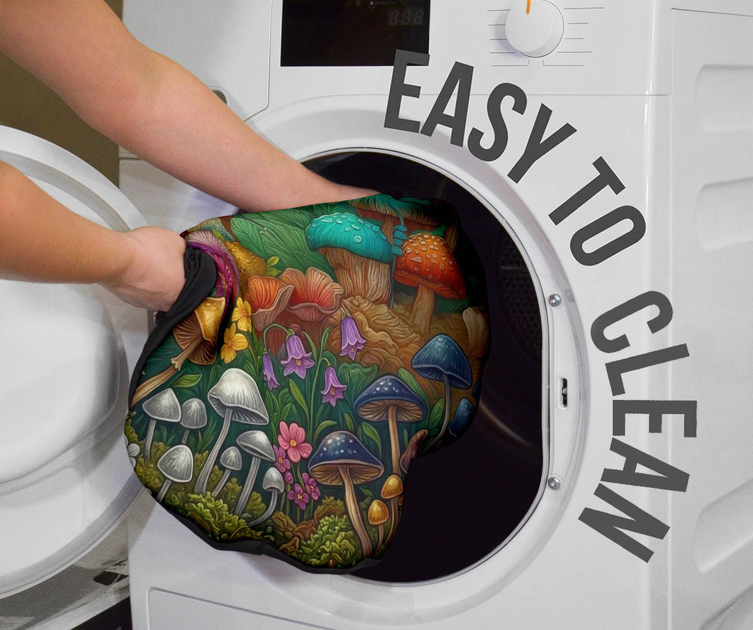 Magic Mushroom Car Seat Cover being placed into a washing machine, highlighting that they are easy to clean.