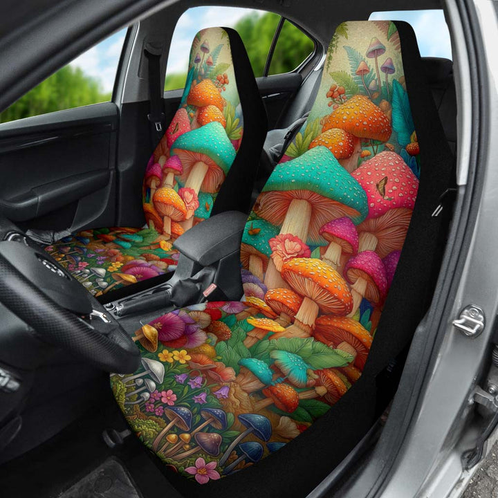 Magic Mushroom Car Seat Cover installed on a driver's seat, highlighting the beautiful mystical pattern inside the car.