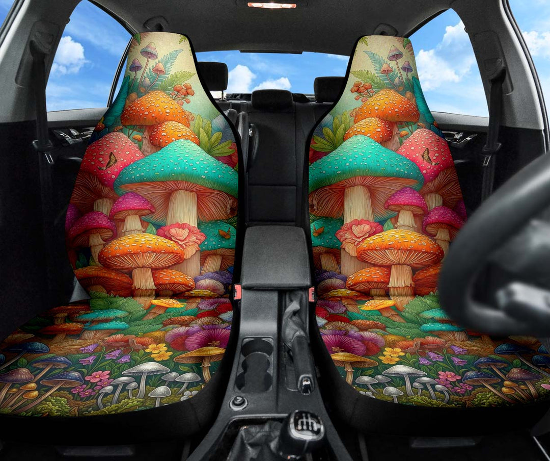 Front view of both Magic Mushroom Car Seat Covers installed in a car, adding an enchanted touch to the interior.