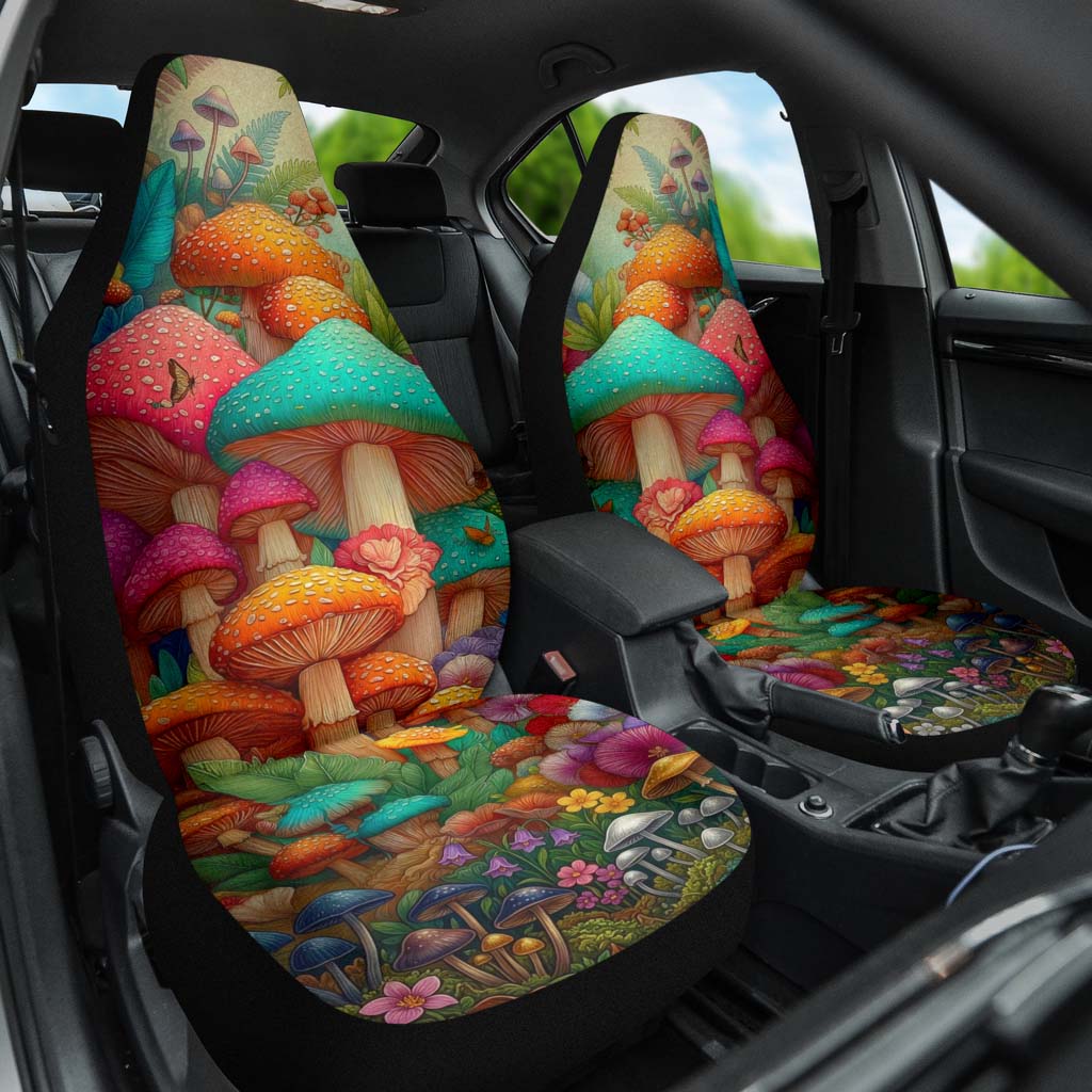 Magic Mushroom Car Seat Cover installed on a passenger seat, showing the stunning colorful mushroom artwork.