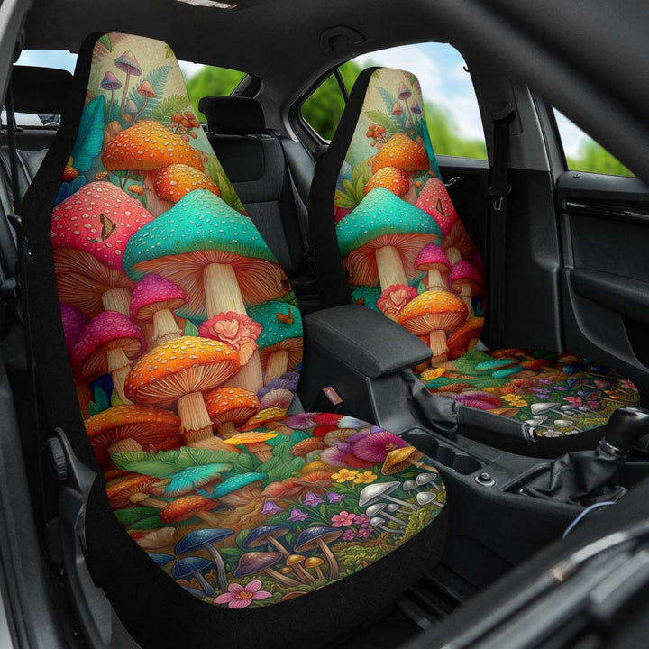 Magic Mushroom Car Seat Cover installed on a passenger seat, showing the stunning colorful mushroom artwork.