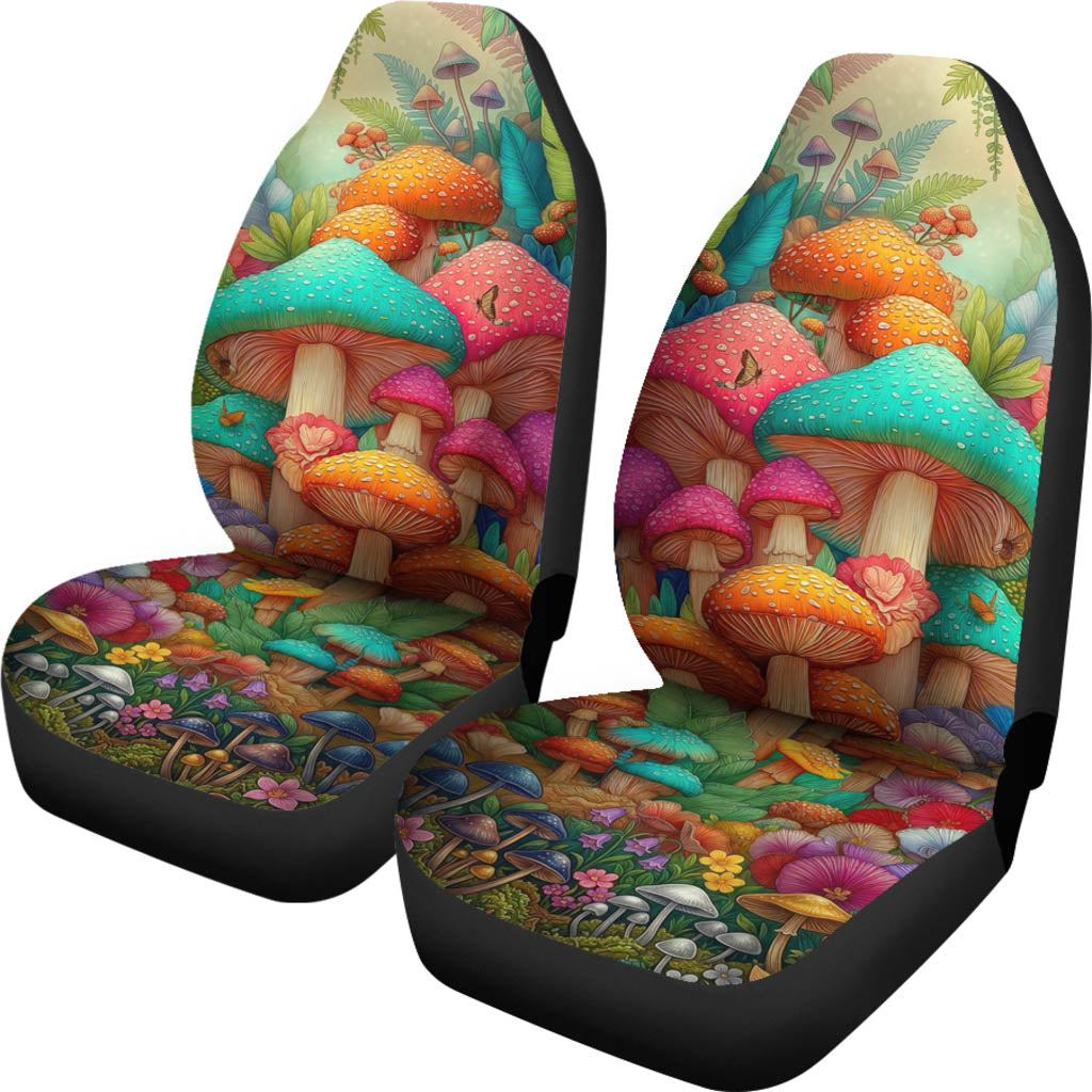 Front view of a pair of Magic Mushroom Car Seat Covers featuring an enchanted mushroom pattern.