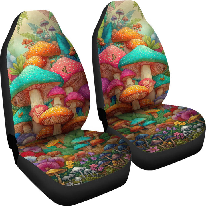 Angled view of a pair of Magic Mushroom Car Seat Covers showcasing the whimsical forest design.