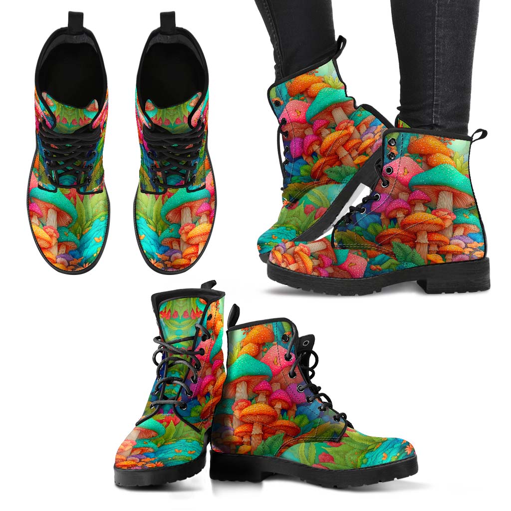Multiple angles of Magic Mushroom Classic Boots, showing the colorful mushroom pattern from different views.