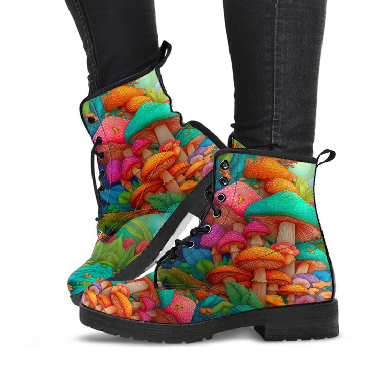 Lifestyle shot of Magic Mushroom Classic Boots worn on feet, highlighting the bright colorful mushroom pattern.