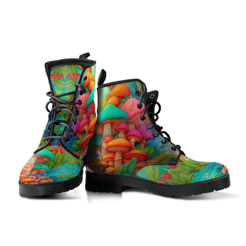A pair of Magic Mushroom Classic Boots showcasing the colorful mushroom pattern with sturdy black soles.