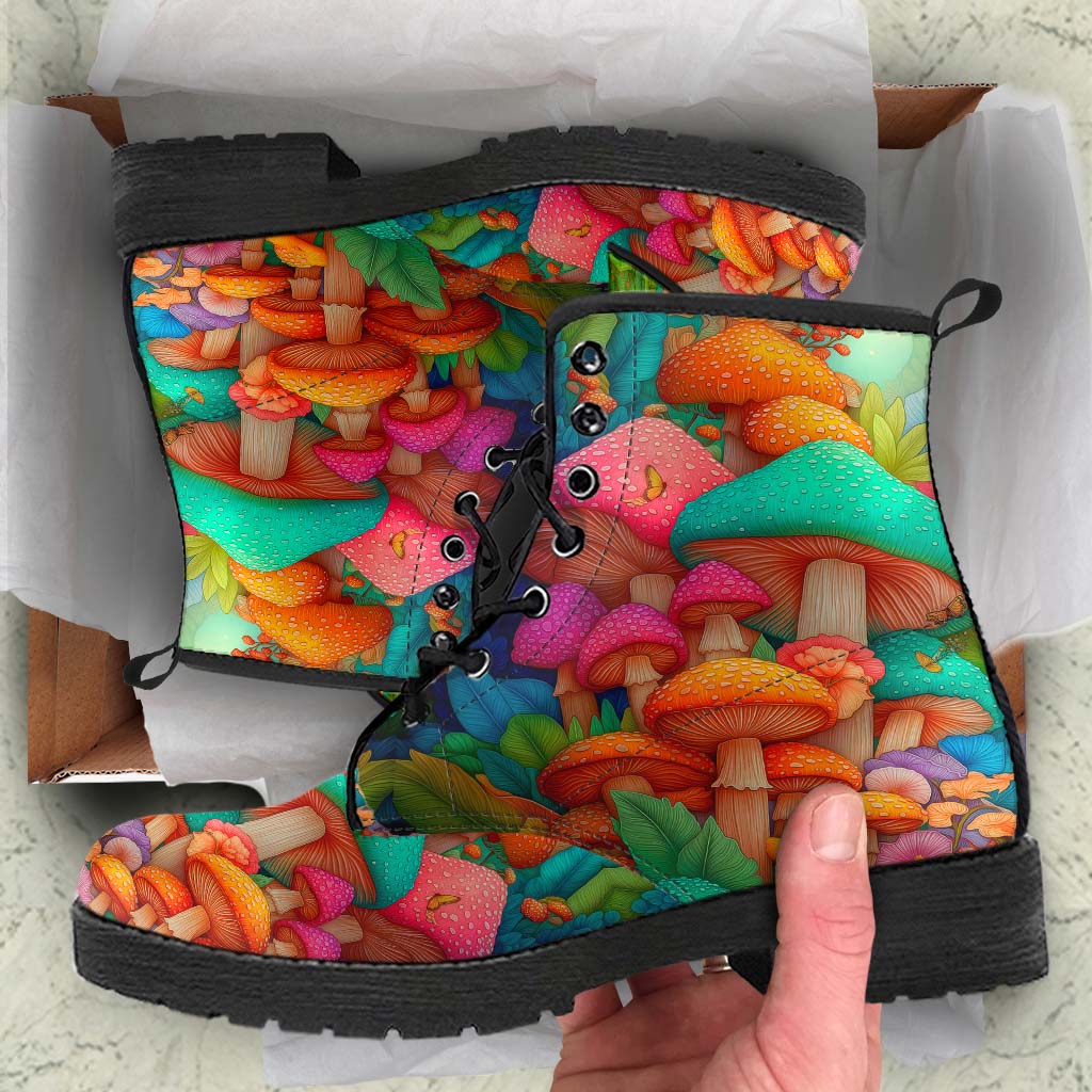 Unboxing Magic Mushroom Classic Boots, showing the beautifully artistic boots inside a cardboard shoe box.