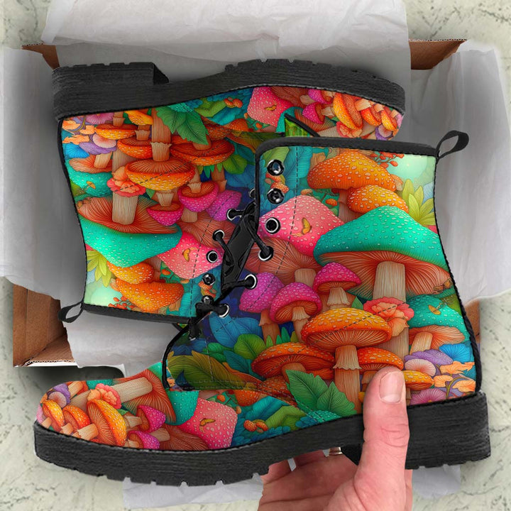 Unboxing Magic Mushroom Classic Boots, showing the beautifully artistic boots inside a cardboard shoe box.