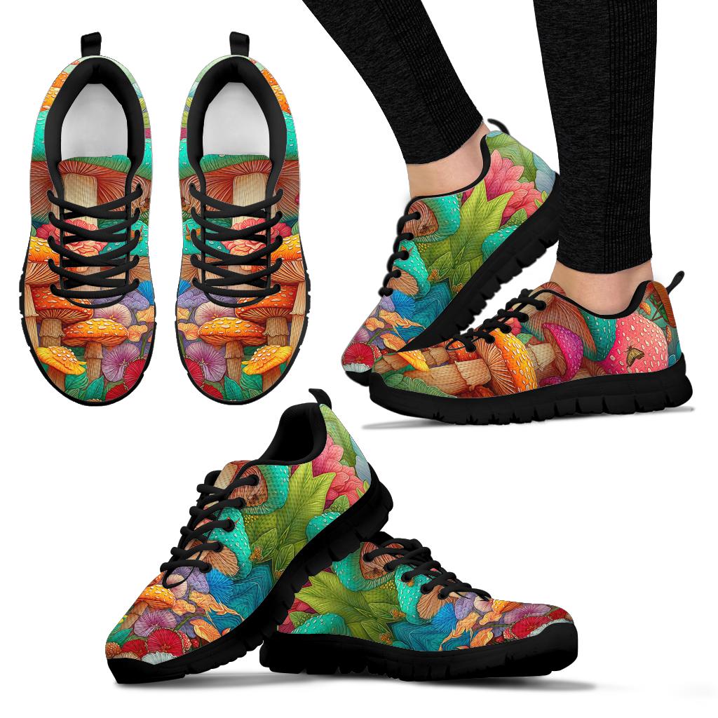 Multiple angles of Magic Mushrooms Sneakers with black soles, including a lifestyle shot worn on feet.