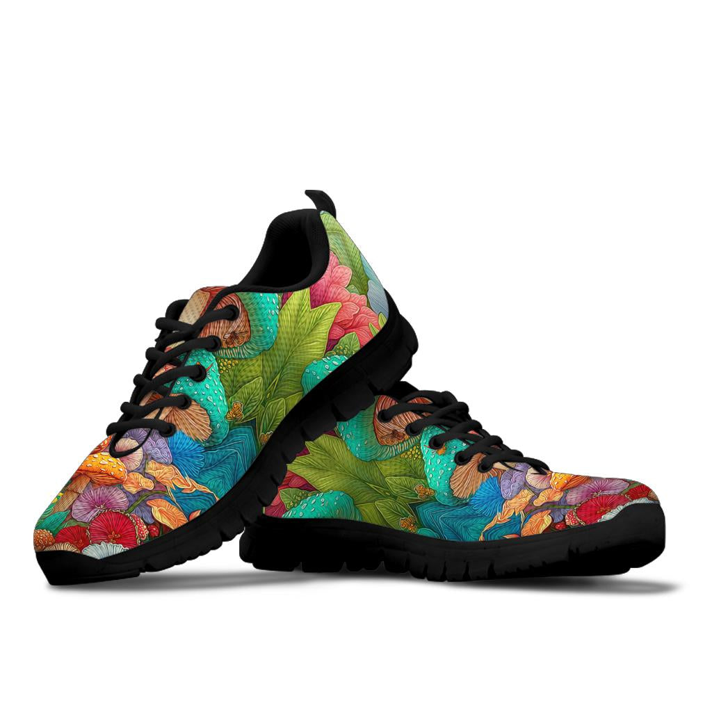 Magic Mushrooms Sneakers featuring a vibrant trippy fungal pattern with black laces and black soles.