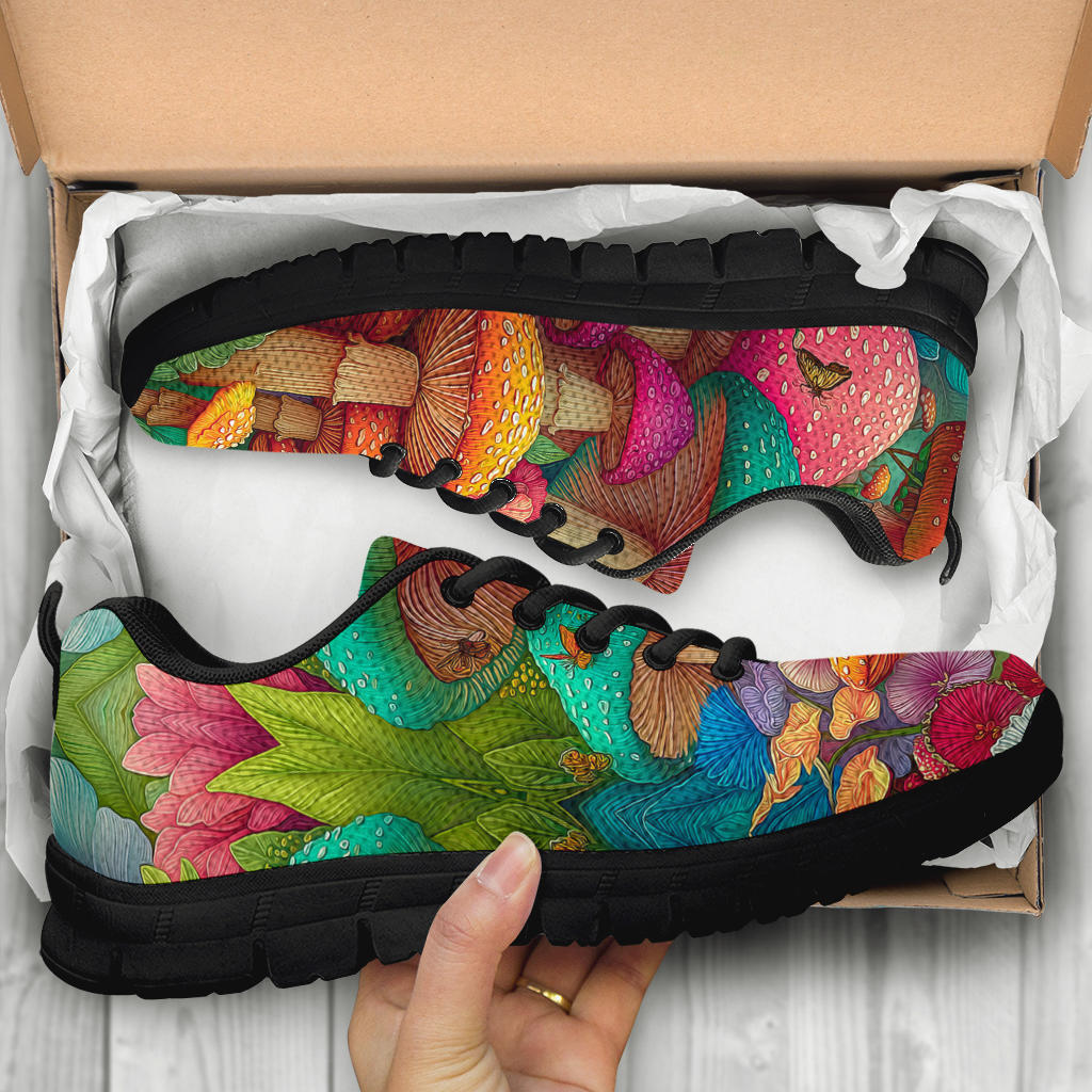 Unboxing Magic Mushrooms Sneakers with black soles, tucked inside a premium shoe box.