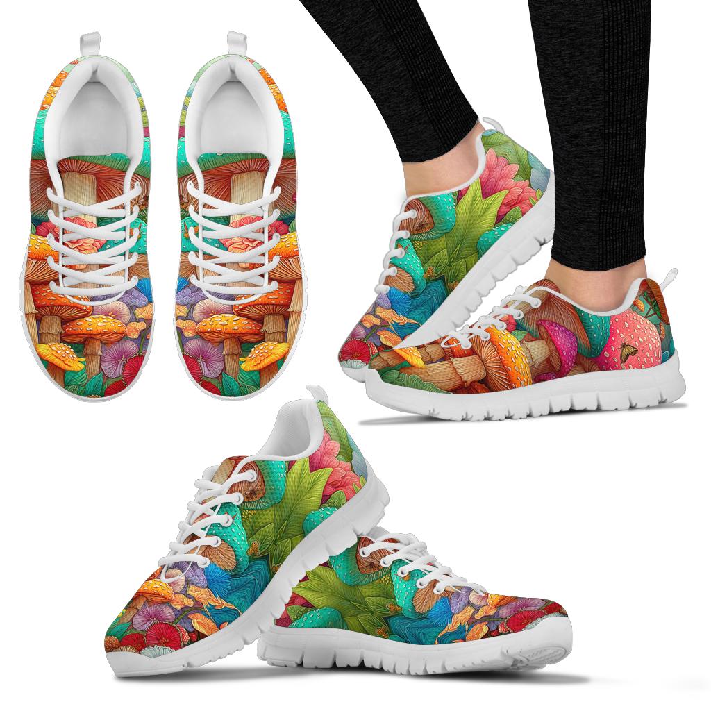 Multiple angles of Magic Mushrooms Sneakers with white soles, showing a vibrant streetstyle look.