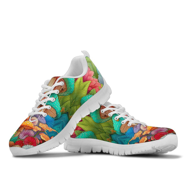 Stacked view of Magic Mushrooms Sneakers showcasing the colorful psychedelic design with a flexible white sole and white laces.