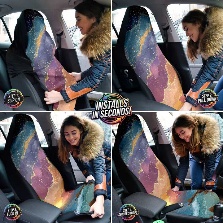 A collage showing a woman easily installing the Magical Sunset Car Seat Covers over her car seats.