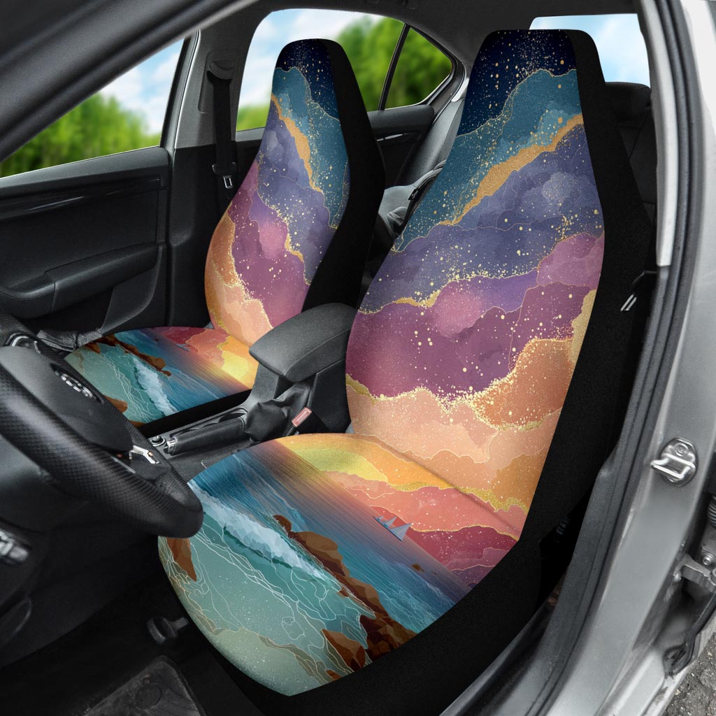 Magical Sunset Car Seat Cover installed on a driver's seat, highlighting the dreamy landscape pattern inside the car.