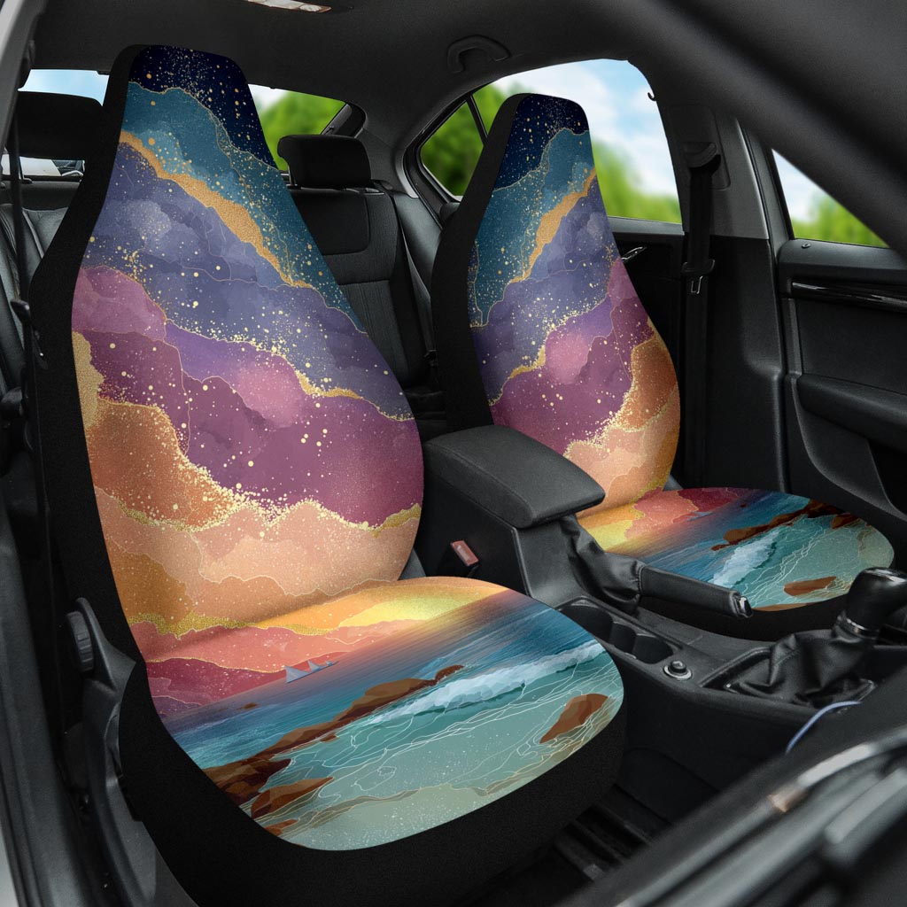Front angled view of both Magical Sunset Car Seat Covers installed in a car, adding a serene artistic touch to the interior.