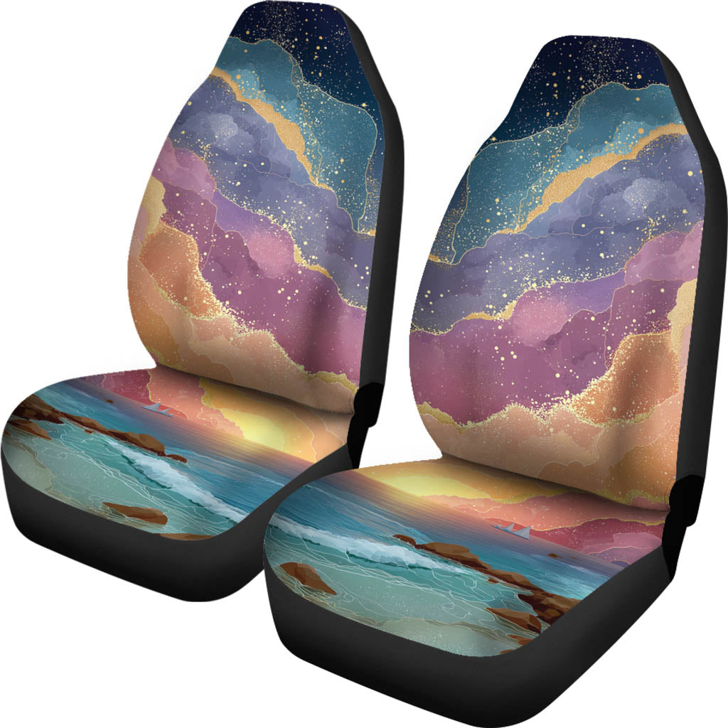 Front view of a pair of Magical Sunset Car Seat Covers featuring a dreamy ocean sunset landscape.