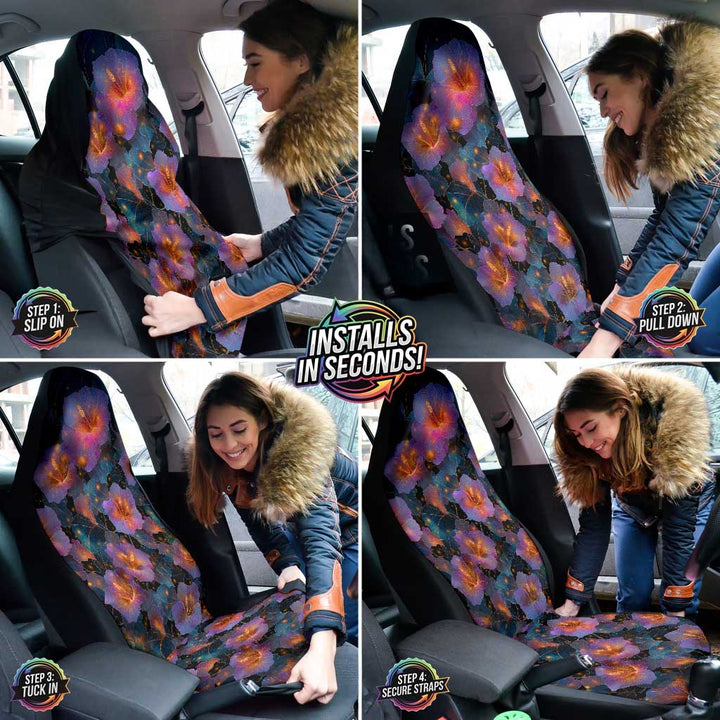 A collage showing a woman easily installing the Night Flowers Car Seat Covers over her car seats.