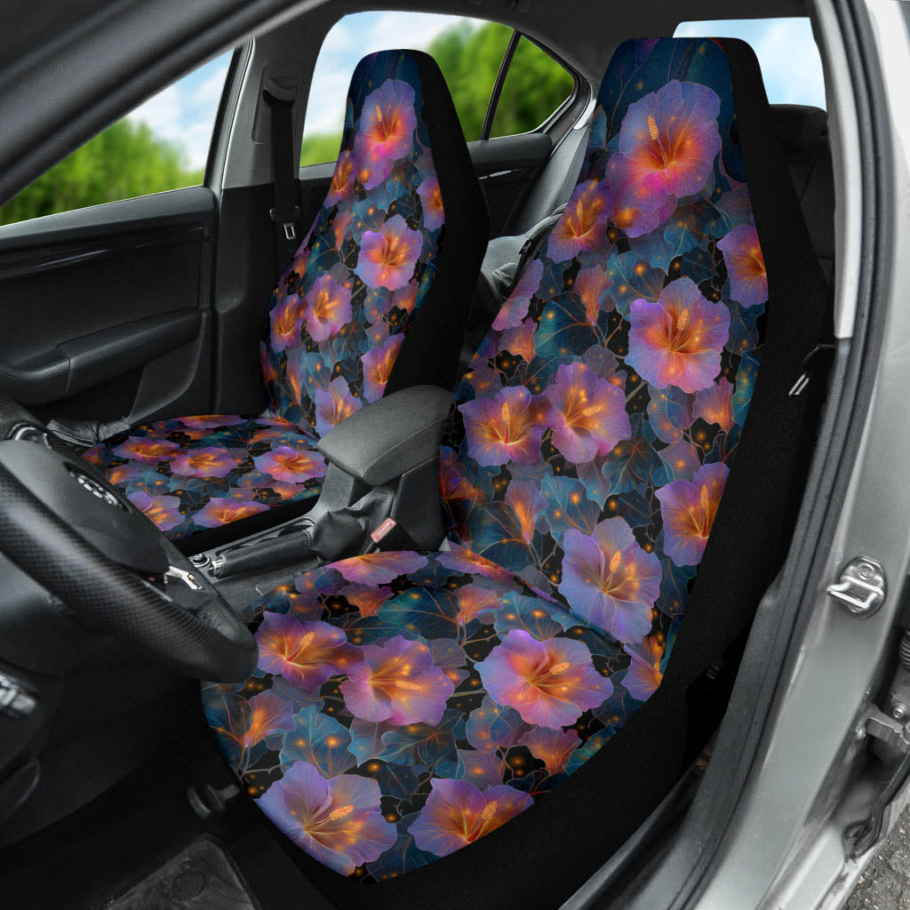 Night Flowers Car Seat Cover installed on a driver's seat, highlighting the glowing floral pattern inside the car.