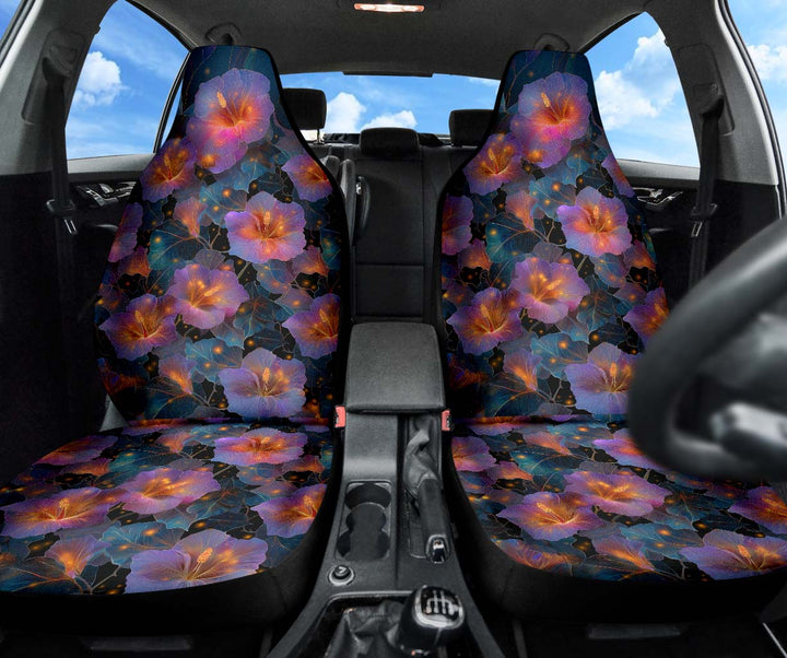 Night Flowers Car Seat Covers installed on front seats, showing the stunning glowing floral design.