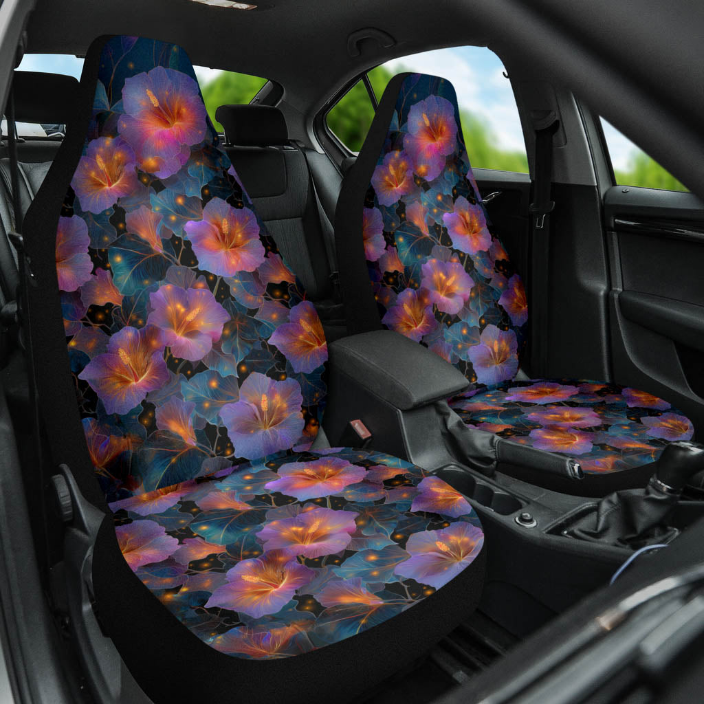 Front view of both Night Flowers Car Seat Covers installed in a car, adding a rich artistic touch to the interior.