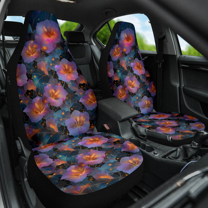 Front view of both Night Flowers Car Seat Covers installed in a car, adding a rich artistic touch to the interior.
