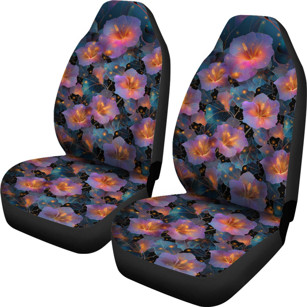 Front view of a pair of Night Flowers Car Seat Covers featuring an elegant glowing floral pattern.