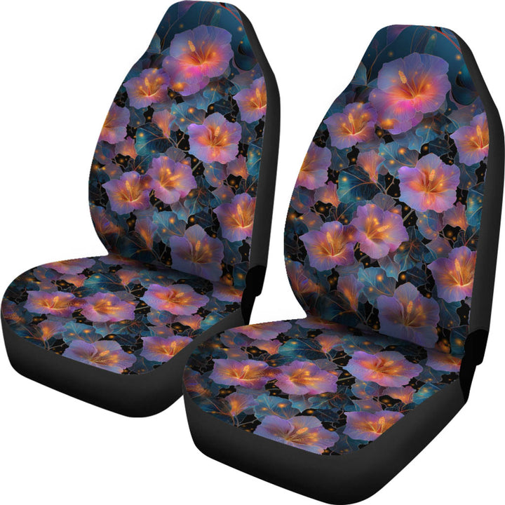 Front view of a pair of Night Flowers Car Seat Covers featuring an elegant glowing floral pattern.