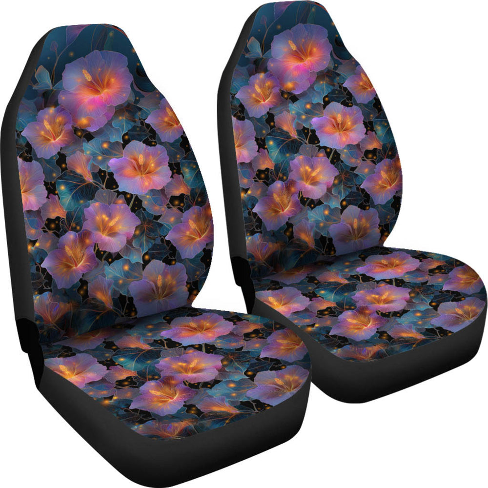 Angled view of a pair of Night Flowers Car Seat Covers showcasing the beautiful dark floral design.