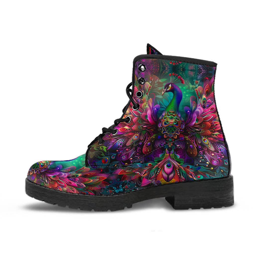 Side view of a single Psychedelic Peacock Classic Boot featuring a colorful peacock pattern with a black sole.
