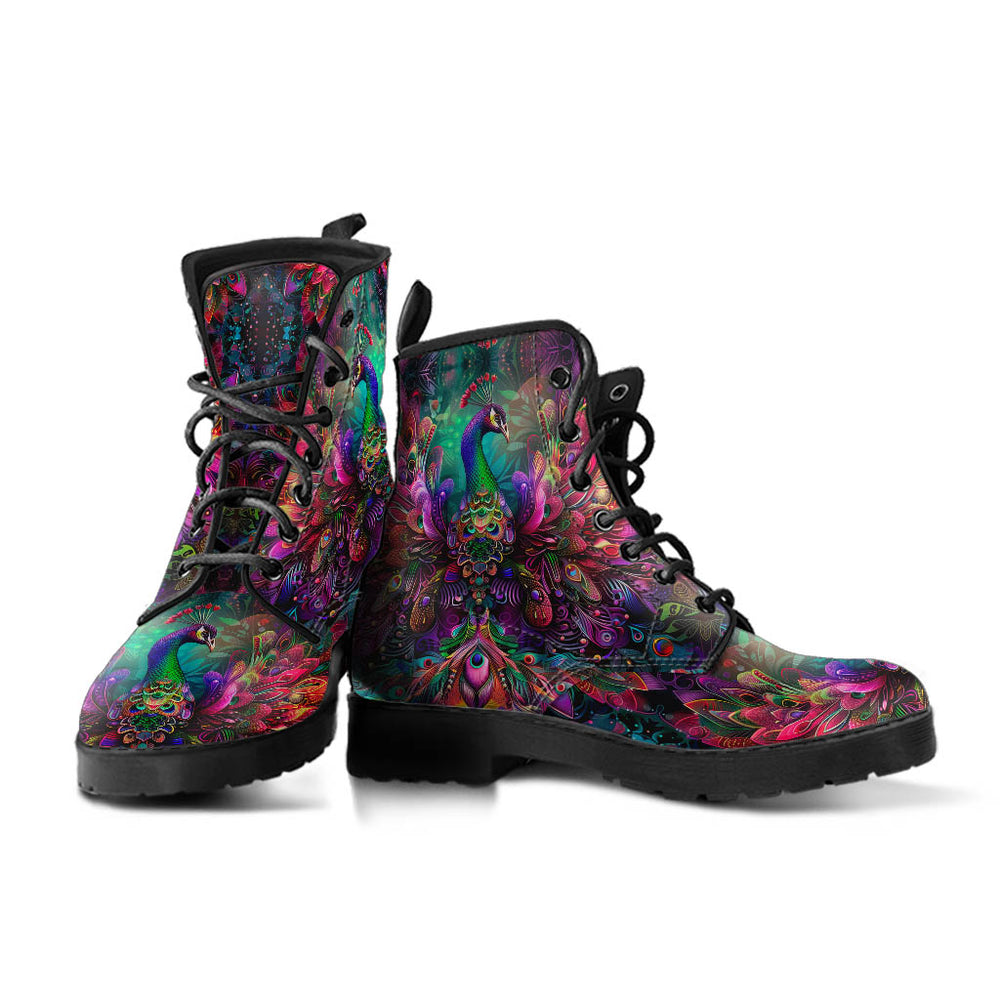 A pair of Psychedelic Peacock Classic Boots showcasing the colorful peacock pattern with sturdy black soles.