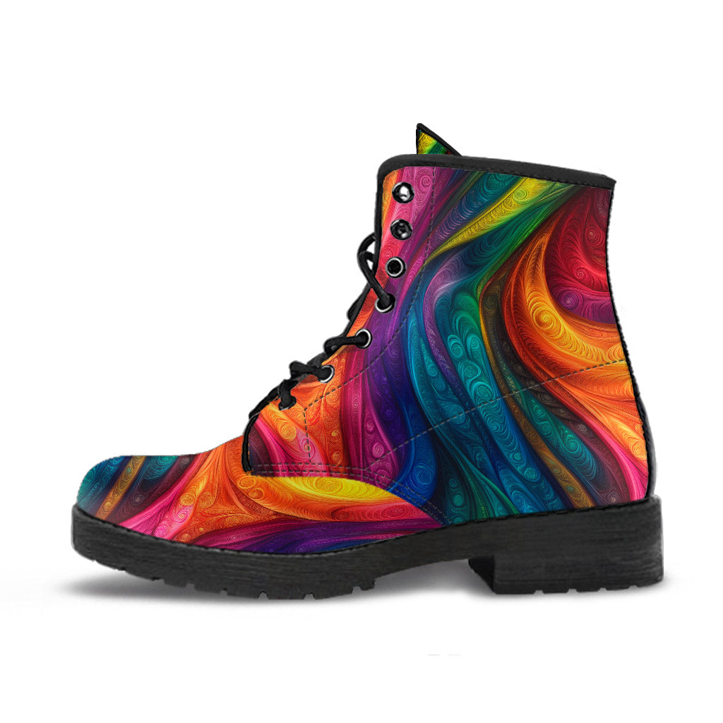 Side view of a single Rainbow Classic Boot featuring a vibrant colorful wave design with a black sole.